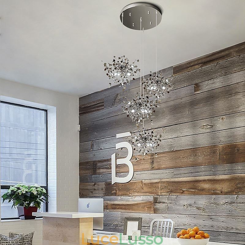 Lampadario con paillettes in acciaio inossidabile, illuminazione a sospensione, sala da pranzo