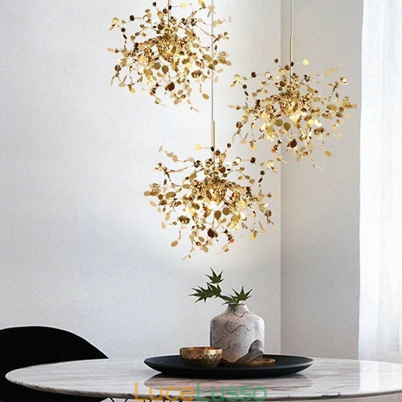 Lampadario con paillettes in acciaio inossidabile, illuminazione a sospensione, sala da pranzo