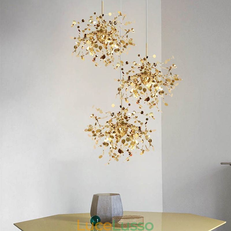 Lampadario con paillettes in acciaio inossidabile, illuminazione a sospensione, sala da pranzo