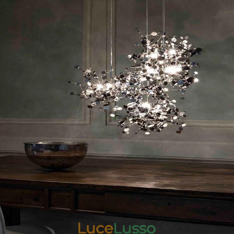 Lampadario con paillettes in acciaio inossidabile, illuminazione a sospensione, sala da pranzo