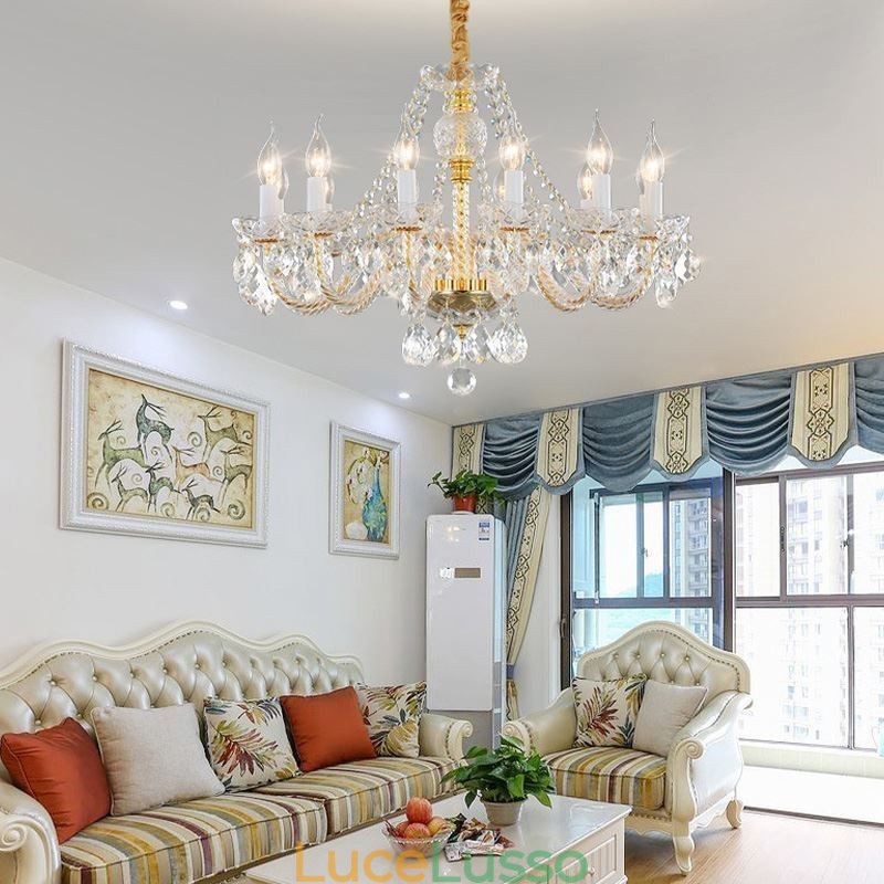 Lampadario di cristallo trasparente corpo oro europeo luce decorativa di lusso da soffitto