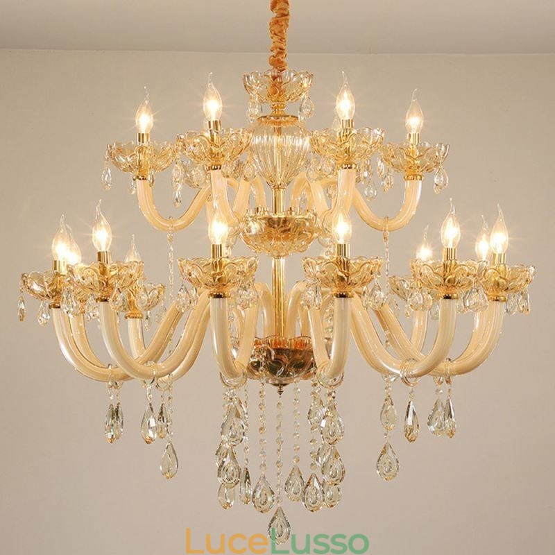 Elegante lampadario di cristallo europeo color cognac plafoniera corpo in vetro doppio strato 12+6 luci