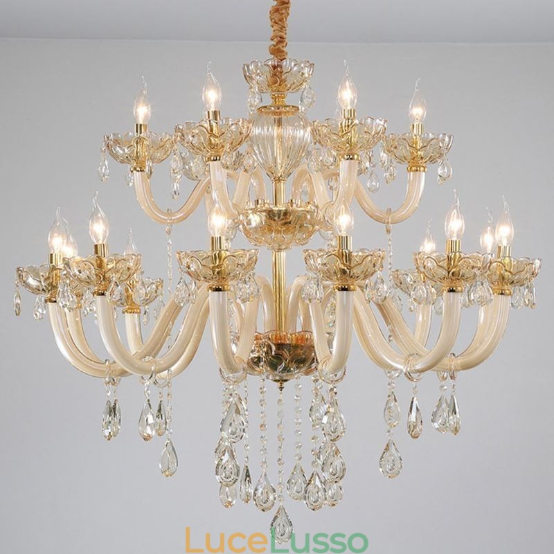 Elegante lampadario di cristallo europeo color cognac plafoniera corpo in vetro doppio strato 12+6 luci