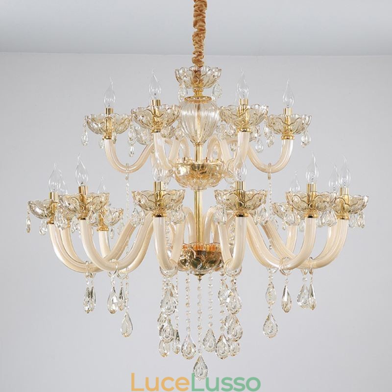 Elegante lampadario di cristallo europeo color cognac plafoniera corpo in vetro doppio strato 12+6 luci