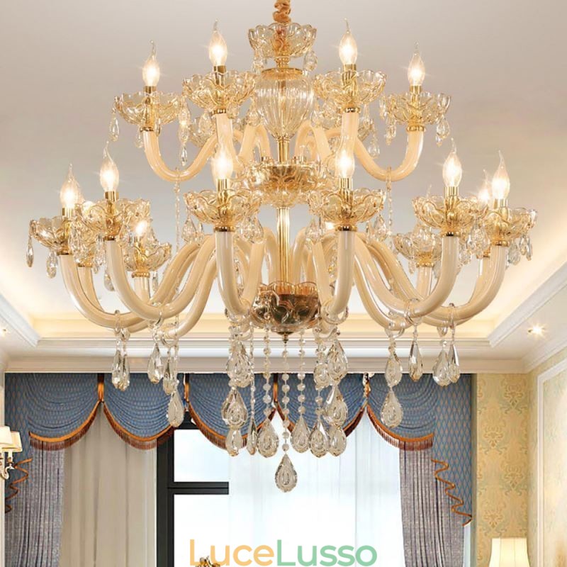 Elegante lampadario di cristallo europeo color cognac plafoniera corpo in vetro doppio strato 12+6 luci