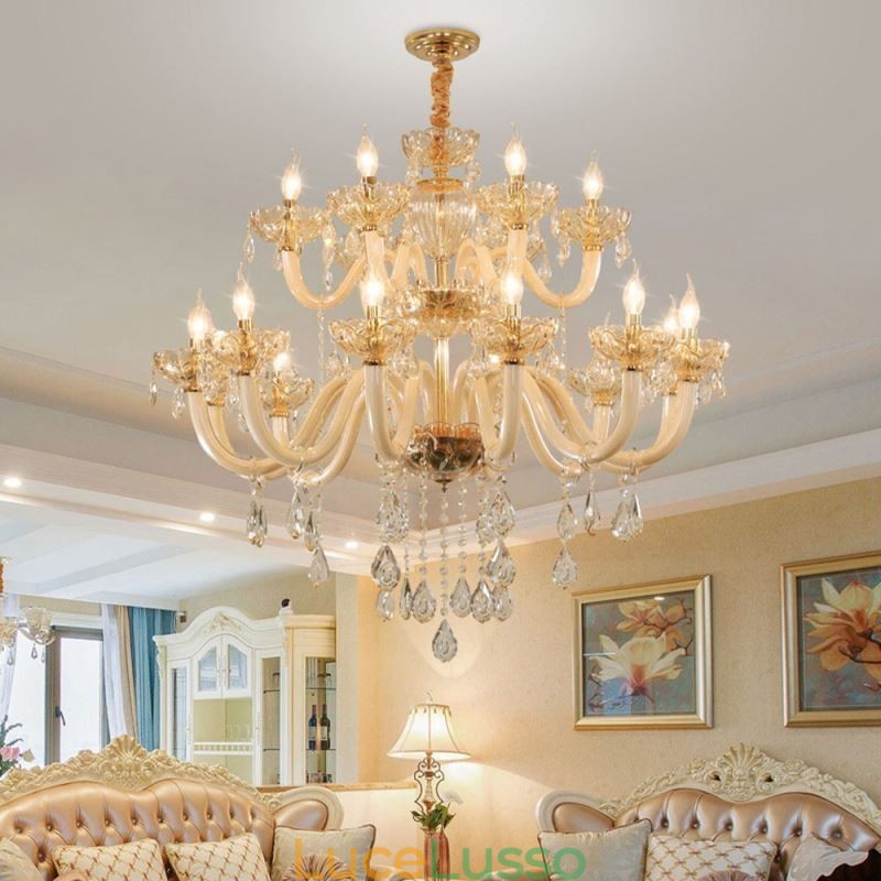 Elegante lampadario di cristallo europeo color cognac plafoniera corpo in vetro doppio strato 12+6 luci