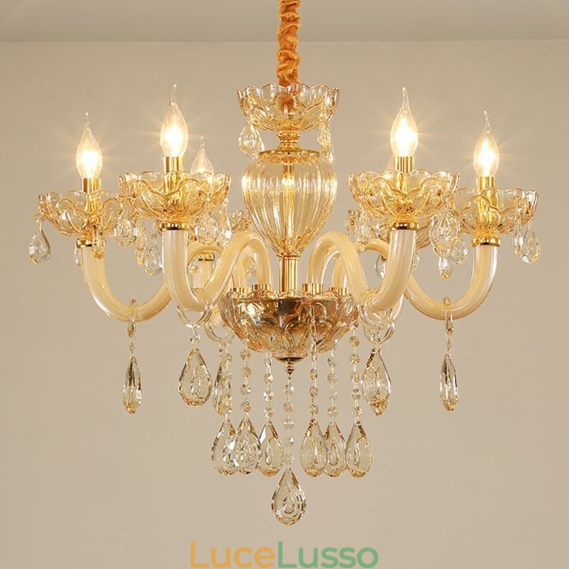 Splendido lampadario di cristallo europeo color cognac plafoniera corpo in vetro 8 luci