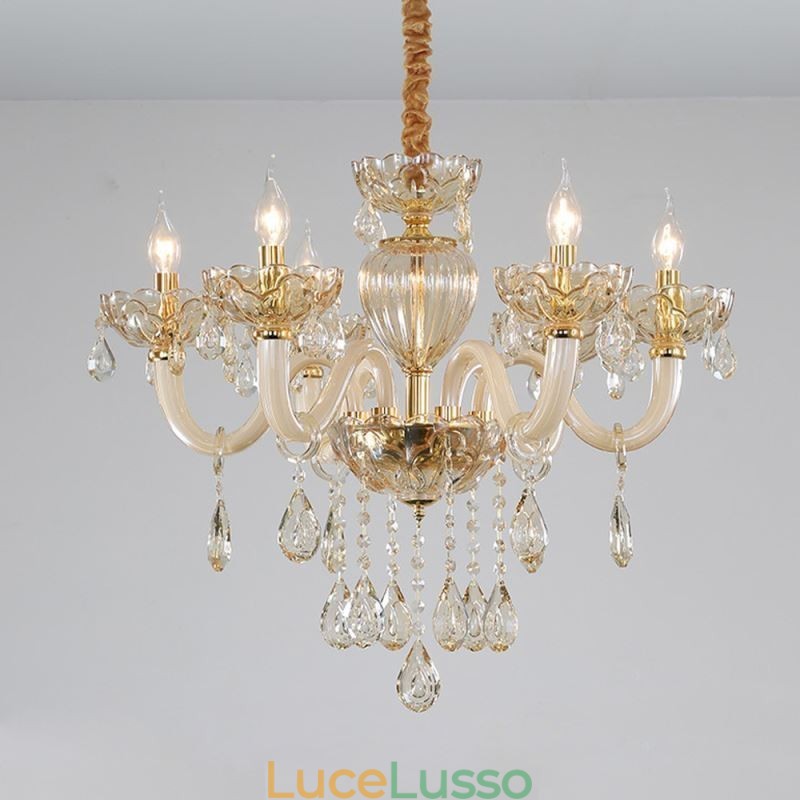 Splendido lampadario di cristallo europeo color cognac plafoniera corpo in vetro 8 luci
