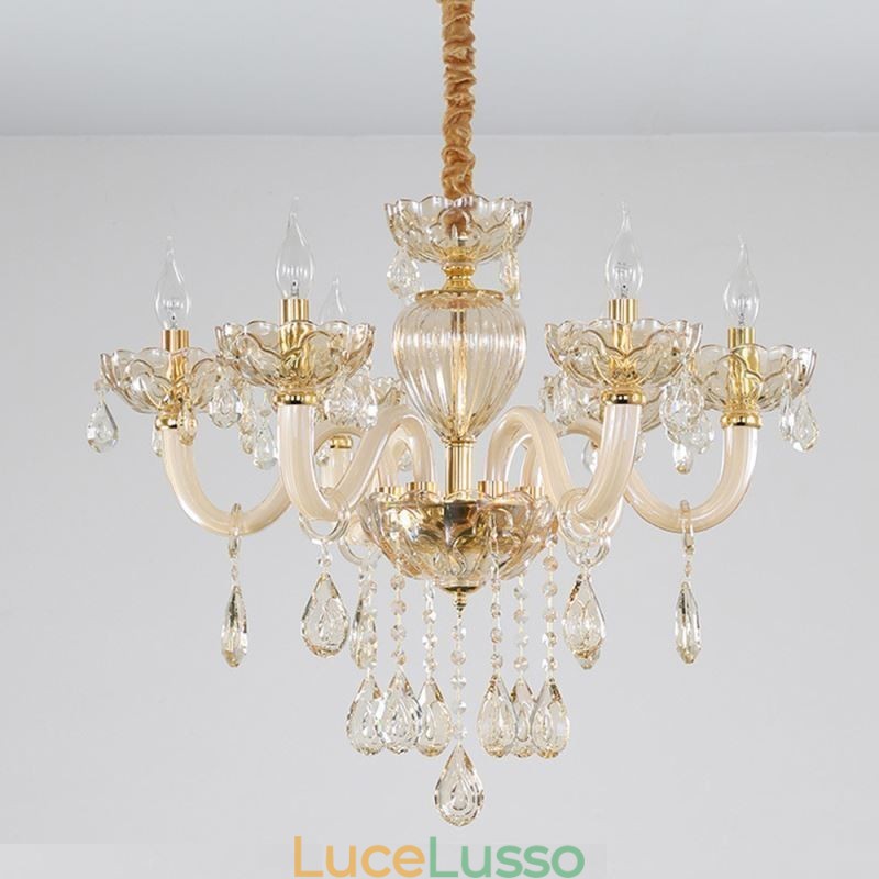 Splendido lampadario di cristallo europeo color cognac plafoniera corpo in vetro 8 luci