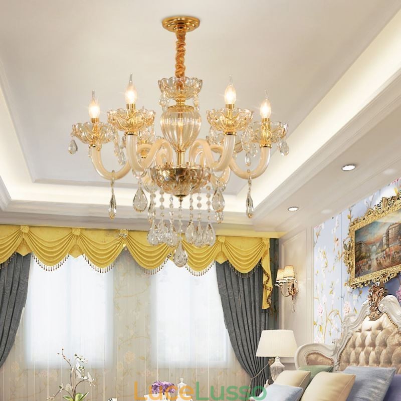 Splendido lampadario di cristallo europeo color cognac plafoniera corpo in vetro 8 luci