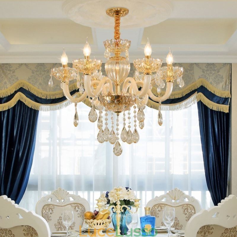 Splendido lampadario di cristallo europeo color cognac plafoniera corpo in vetro 8 luci