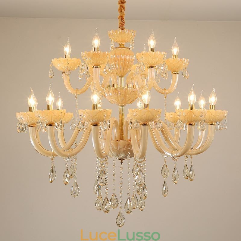 Lampadario di cristallo di lusso europeo color cognac lampada da soffitto corpo in vetro doppio strato 12+6 luci