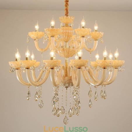 Lampadario di cristallo di lusso europeo color cognac lampada da soffitto corpo in vetro doppio strato 12+6 luci Lampadario di cristallo di lusso europeo color cognac lampada da soffitto corpo in vetro doppio strato 12+6 luci