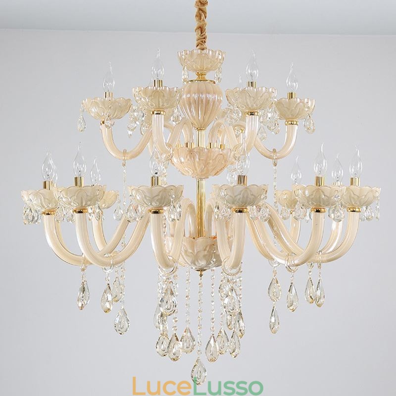 Lampadario di cristallo di lusso europeo color cognac lampada da soffitto corpo in vetro doppio strato 12+6 luci