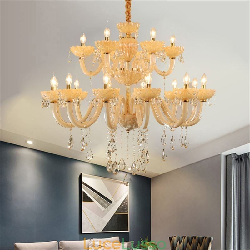 Lampadario di cristallo di lusso europeo color cognac lampada da soffitto corpo in vetro doppio strato 12+6 luci
