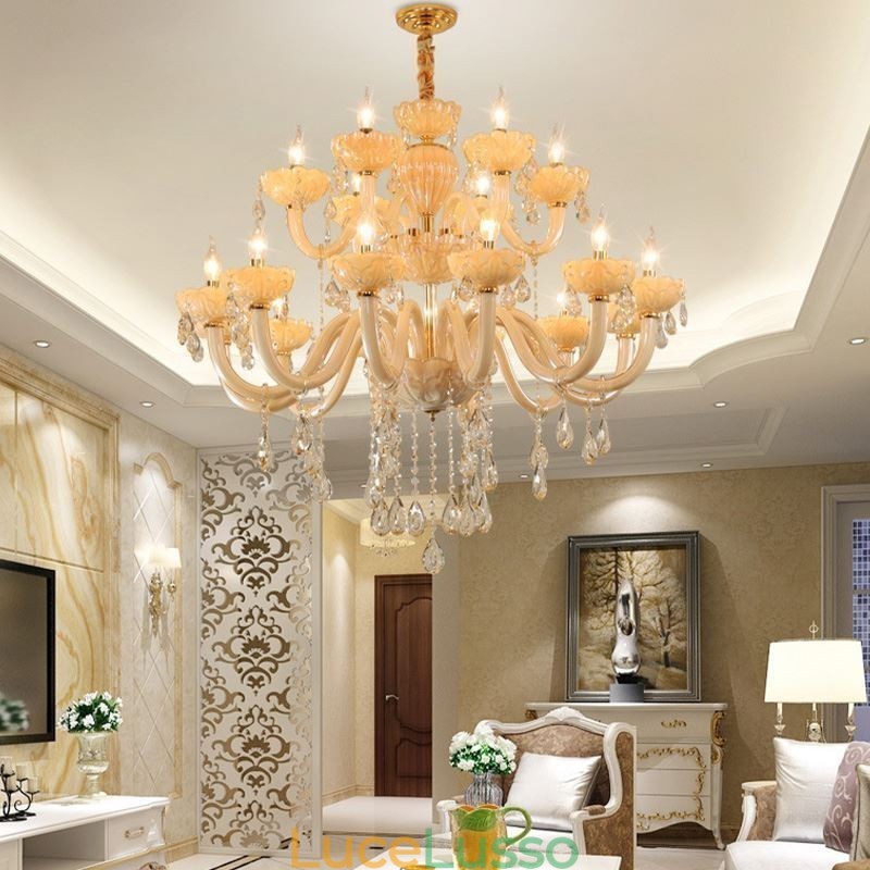 Lampadario di cristallo di lusso europeo color cognac lampada da soffitto corpo in vetro doppio strato 12+6 luci