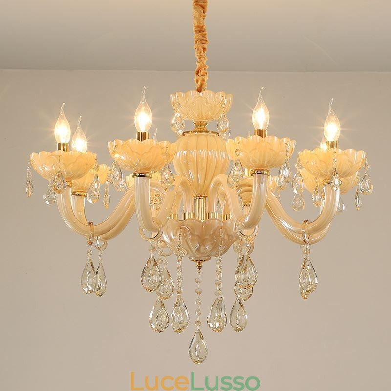 Lampadario di cristallo accattivante Lampada da soffitto color cognac europeo Corpo in vetro 8 luci