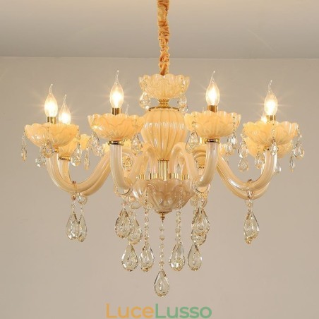 Lampadario di cristallo accattivante Lampada da soffitto color cognac europeo Corpo in vetro 8 luci Lampadario di cristallo accattivante Lampada da soffitto color cognac europeo Corpo in vetro 8 luci