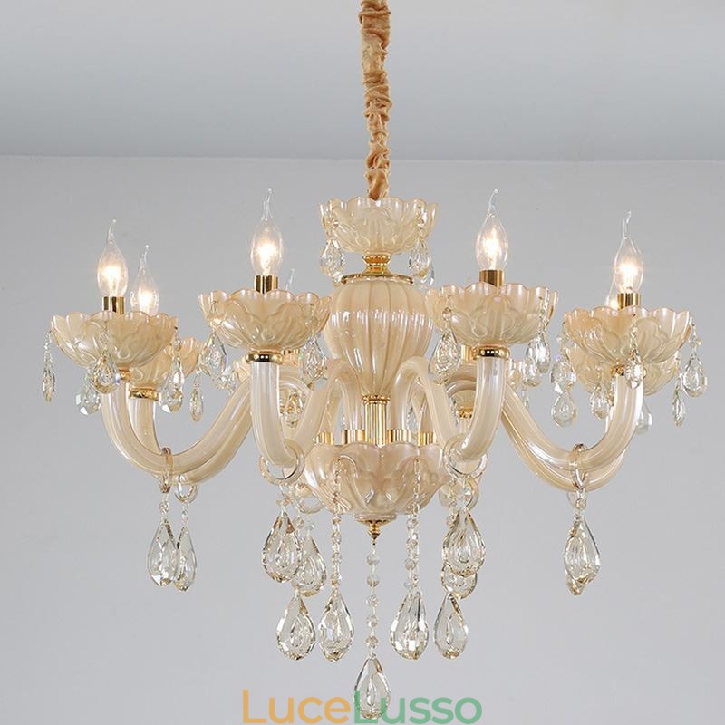 Lampadario di cristallo accattivante Lampada da soffitto color cognac europeo Corpo in vetro 8 luci