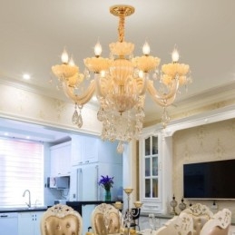 Lampadario di cristallo accattivante Lampada da soffitto color cognac europeo Corpo in vetro 8 luci