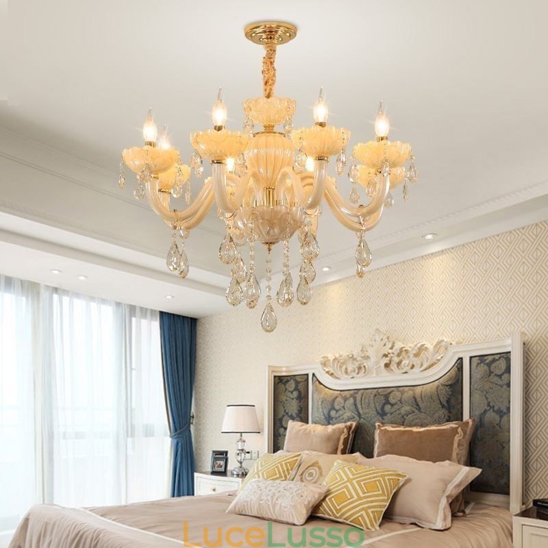 Lampadario di cristallo accattivante Lampada da soffitto color cognac europeo Corpo in vetro 8 luci