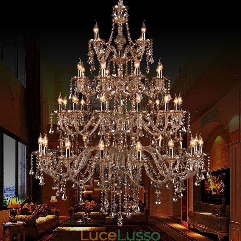 Lampadario di cristallo europeo color cognac con 40 luci