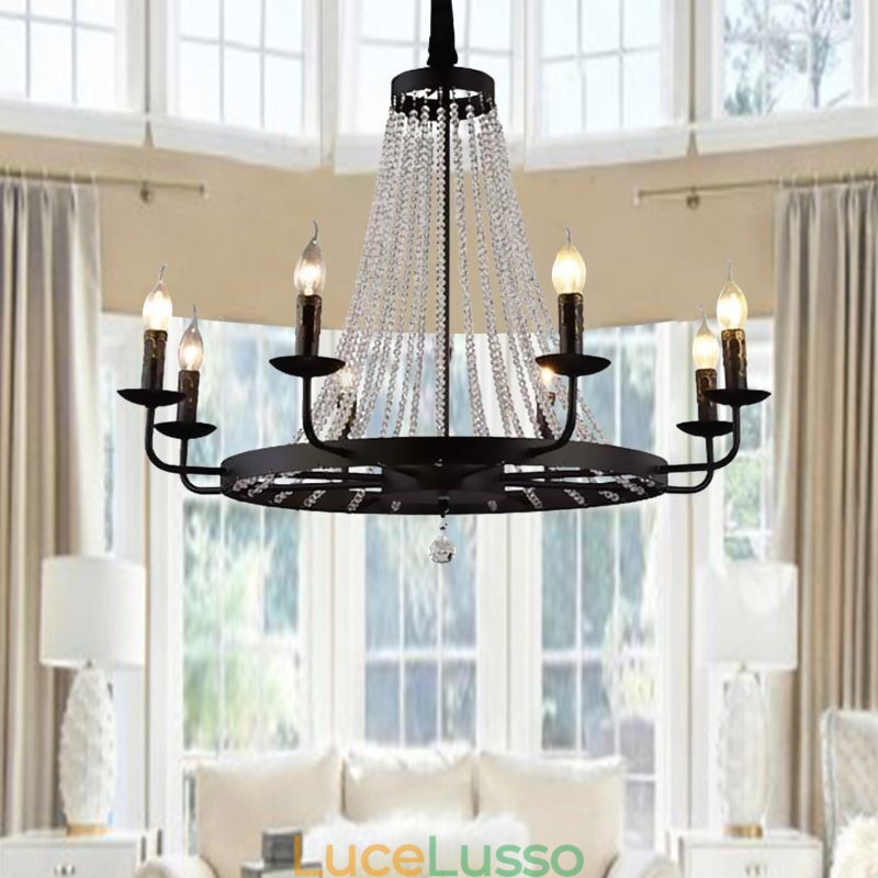 Lampadario a sospensione in cristallo vintage, lampadario a candela in ferro nero