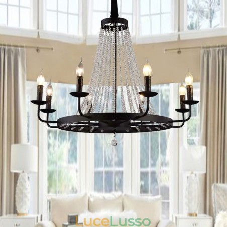 Lampadario a sospensione in cristallo vintage, lampadario a candela in ferro nero Lampadario a sospensione in cristallo vintage, lampadario a candela in ferro nero