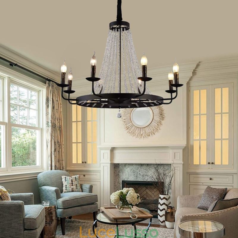 Lampadario a sospensione in cristallo vintage, lampadario a candela in ferro nero