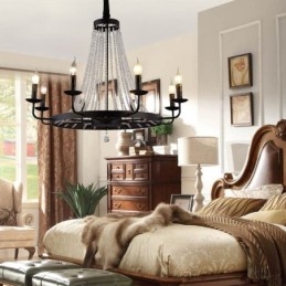 Lampadario a sospensione in cristallo vintage, lampadario a candela in ferro nero