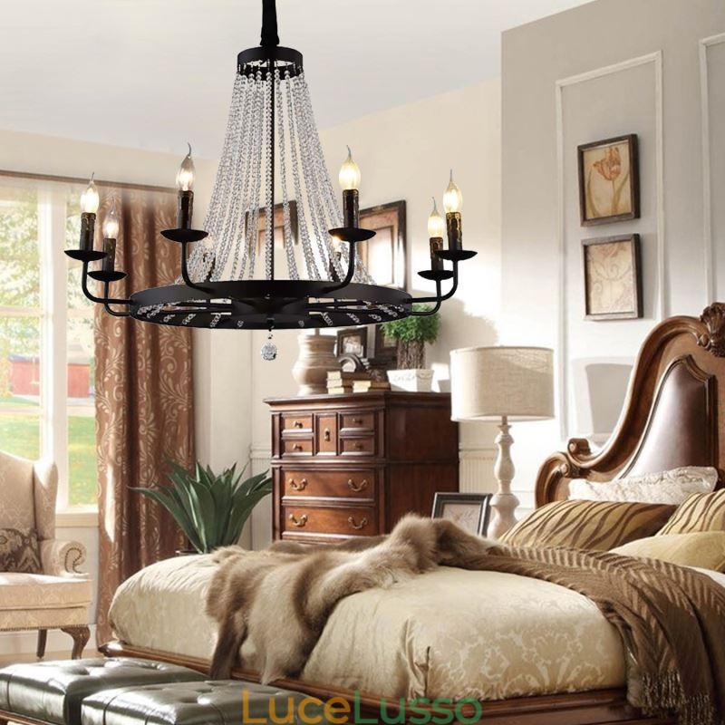 Lampadario a sospensione in cristallo vintage, lampadario a candela in ferro nero