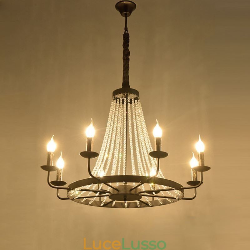 Lampadario a sospensione in cristallo vintage, lampadario a candela in ferro nero