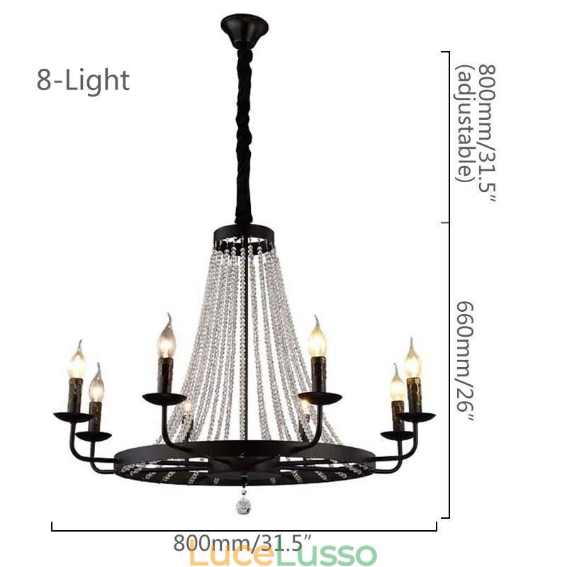 Lampadario a sospensione in cristallo vintage, lampadario a candela in ferro nero