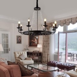 Lampadario a sospensione in cristallo vintage, lampadario a candela in ferro nero