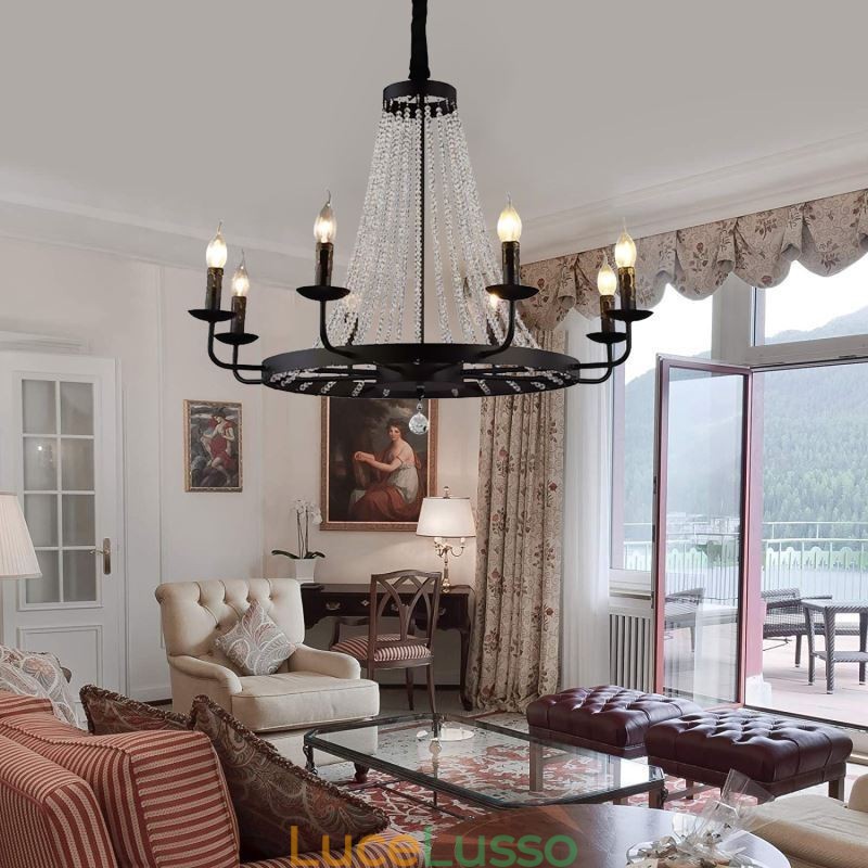 Lampadario a sospensione in cristallo vintage, lampadario a candela in ferro nero