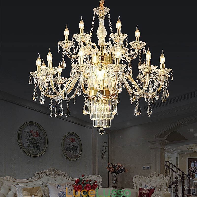Grande lampadario di cristallo, lampada a sospensione classica europea