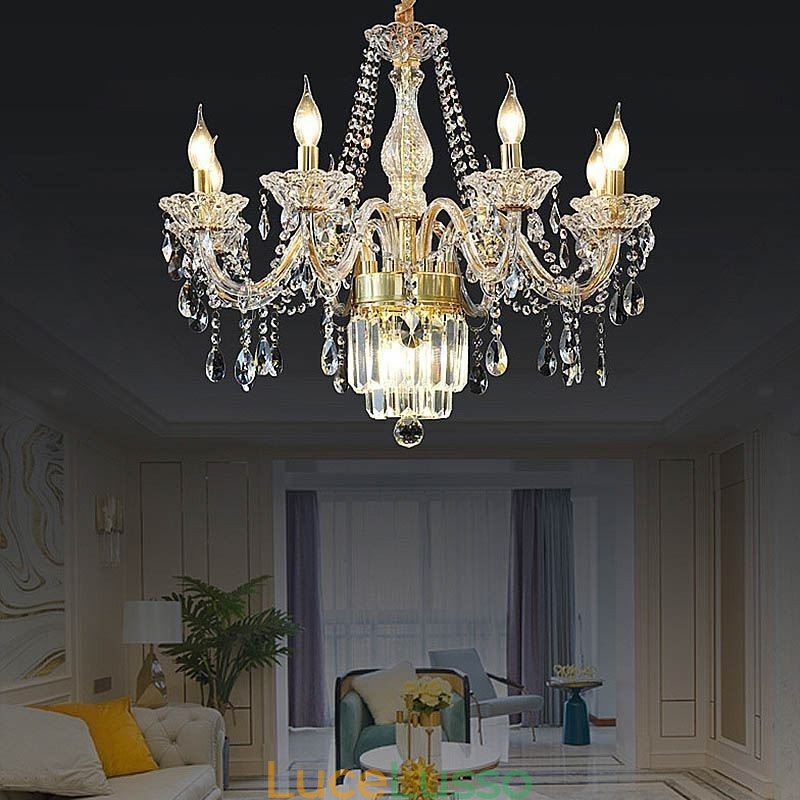 Grande lampadario di cristallo, lampada a sospensione classica europea