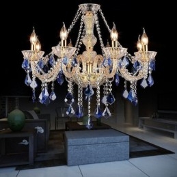 Lampadario di cristallo europeo di lusso con luce pendente blu