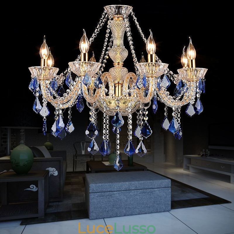 Lampadario di cristallo europeo di lusso con luce pendente blu