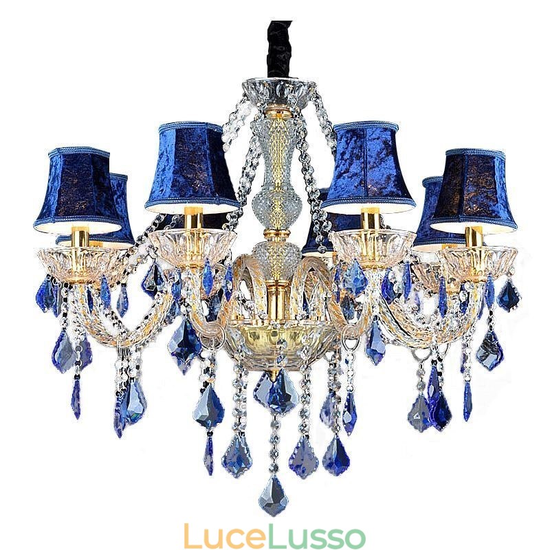 Lampadario di cristallo europeo di lusso con luce pendente blu