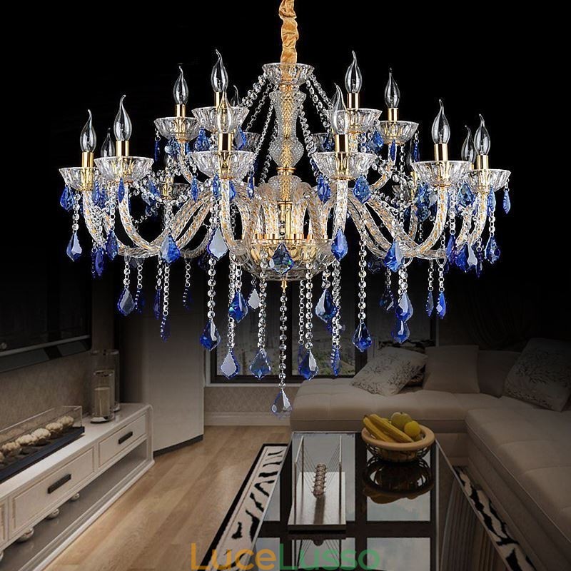 Lampadario di cristallo europeo di lusso con luce pendente blu