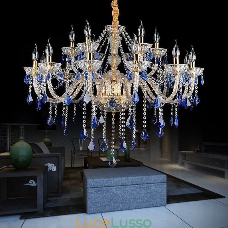 Lampadario di cristallo europeo di lusso con luce pendente blu