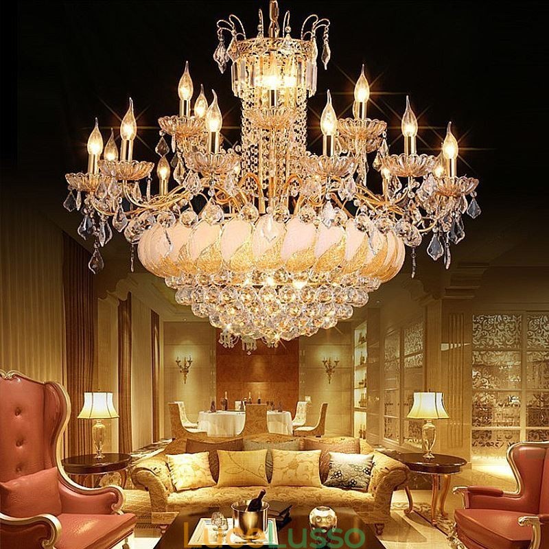 Grande lampadario di cristallo di lusso, plafoniera europea in oro