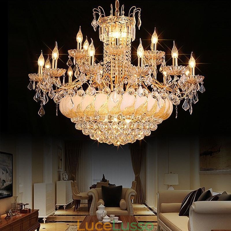 Grande lampadario di cristallo di lusso, plafoniera europea in oro