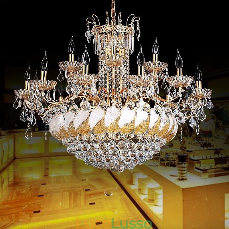 Grande lampadario di cristallo di lusso, plafoniera europea in oro