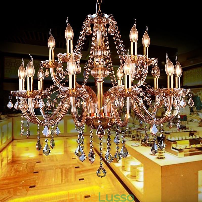 Lampadario di cristallo europeo elegante grande lampada a sospensione ambra