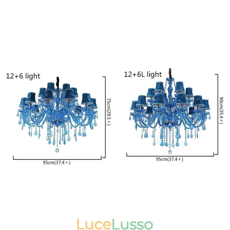 Grande lampadario di cristallo europeo con luce pendente di colore blu estetico