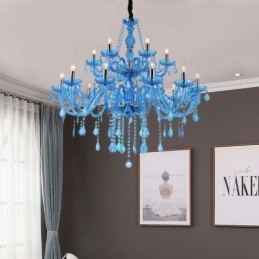 Grande lampadario di cristallo europeo con luce pendente di colore blu estetico
