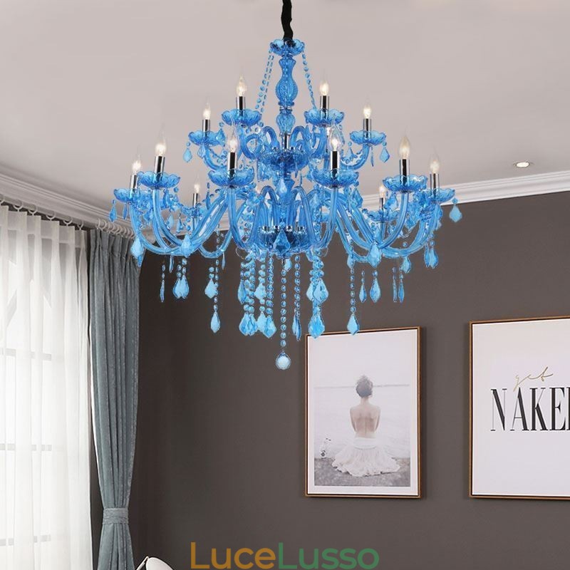 Grande lampadario di cristallo europeo con luce pendente di colore blu estetico