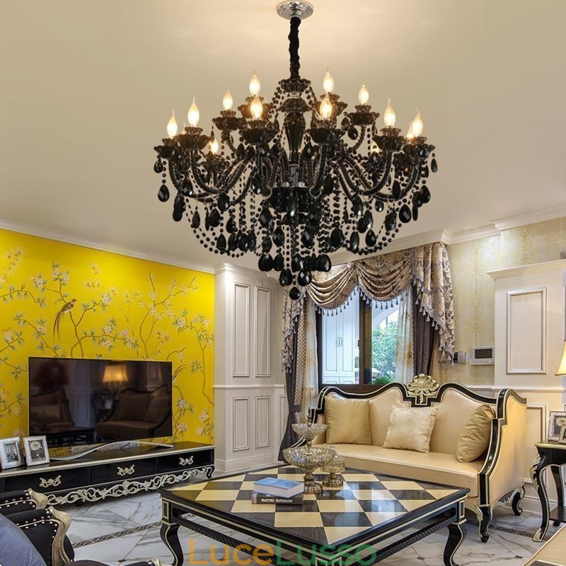 Lampadario di cristallo di lusso in stile europeo, luce pendente nera